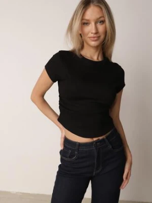 Czarny Bawełniany T-shirt w Prążki o Dopasowanym Kroju z Marszczeniem Cherita romee's