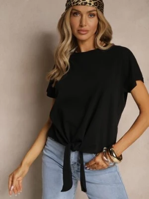 Czarny Bawełniany T-shirt Wiązany u Dołu Sunalina glo-story