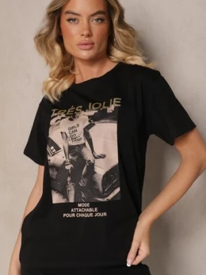 Czarny Bawełniany T-shirt z Brokatem i Nadrukiem Nalamis defox