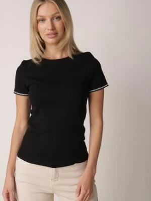 Czarny Bawełniany T-shirt z Cyrkoniami przy Rękawach Pronolea