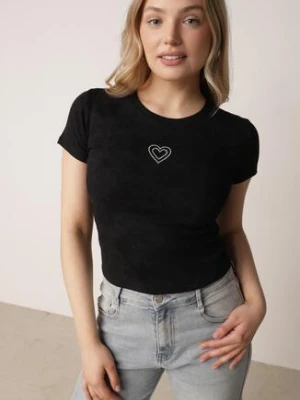 Czarny Bawełniany T-shirt z Cyrkoniowym Sercem Arielin romee's