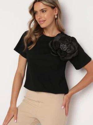 Czarny Bawełniany T-shirt z Krótkim Rękawem i Aplikacją w Kształcie Kwiatu z Cyrkoniami Dimantee