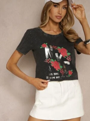 Czarny Bawełniany T-shirt z Kwiatami i Napisami Savinele glo-story