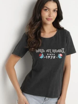 Czarny Bawełniany T-shirt z Metalicznym Nadrukiem Savariae glo-story