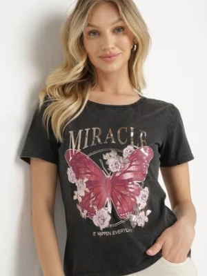 Czarny Bawełniany T-shirt z Metalicznym Napisem i Motylem Zarevalia glo-story