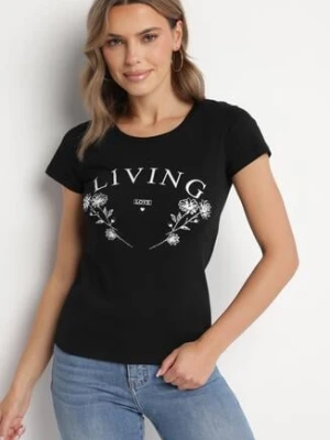 Czarny Bawełniany T-shirt z Napisem Living i Nadrukiem Commea