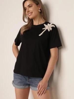 Czarny Bawełniany T-shirt z Ozdobną Aplikacją z Perełek i Cyrkonii Haidea ambitionfly
