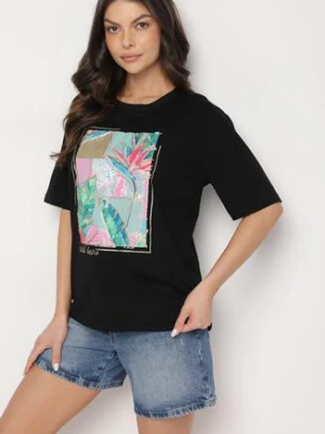 Czarny Bawełniany T-shirt z Ozdobnym Nadrukiem Delmari glo-story