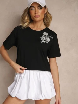 Czarny Bawełniany T-shirt z Ozdobnym Nadrukiem i Cyrkoniami Teomala glo-story