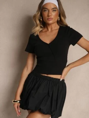 Czarny Bawełniany T-shirt z Prążkowanej Tkaniny z Dekoltem w Szpic Filaretta fresh made