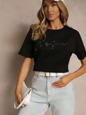 Czarny Bawełniany T-shirt Zdobiony Haftowanym Napisem z Cekinami Ulionis glo-story
