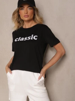 Czarny Bawełniany T-shirt Zdobiony Napisem z Cyrkonii Deleire glo-story