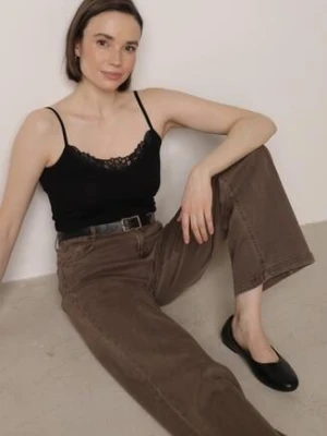 Czarny Bawełniany Top na Ramiączkach z Ozdobną Koronką przy Dekolcie Berlisa romee's