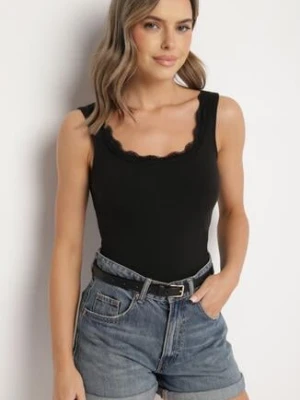 Czarny Bawełniany Top na Szerokich Ramiączkach Zdobiony Koronką Linenia by swan