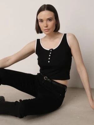 Czarny Bawełniany Top w Prążki z Guzikami przy Dekolcie Bervise romee's