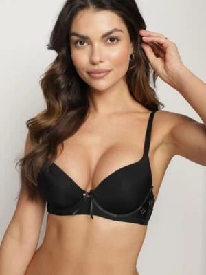 Czarny Biustonosz Miseczka B Push-Up na Ramiączkach z Regulacją i Metaliczną Aplikacją Alerista