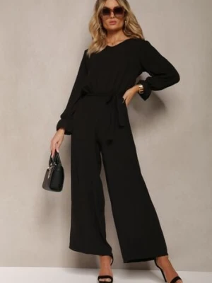 Czarny Casualowy Kombinezon z Paskiem i Gumką w Pasie Wiązany na Plecach Melodette j studio