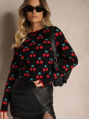 Czarny Casualowy Sweter z Wiskozą Ozdobiony Printem w Wisienki Avattria elsa.m by may