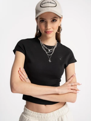 Czarny CROP TOP z minimalistycznym nadrukiem Reporter