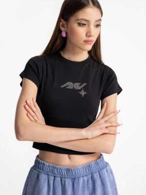 Czarny CROP TOP z ozdobną aplikacją Reporter