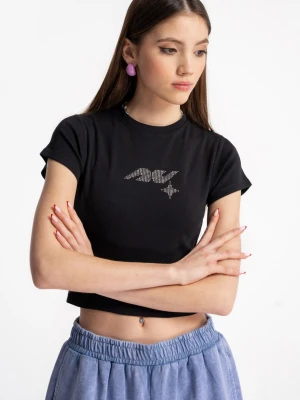 Czarny crop top z ozdobną aplikacją Reporter Young