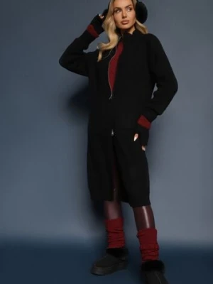 Czarny Długi Kardigan o Prostym Kroju ze Stójką z Domieszką Wełny i Zapięciem na Suwak Bonitana j&x