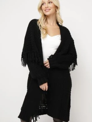 Czarny Długi Kardigan Ozdobiony Frędzlami Elentia lily rose