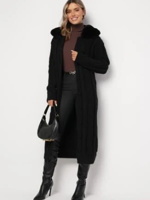 Czarny Długi Kardigan z Wiskozy i Futrzanym Kołnierzem Pistarre elsa.m by may