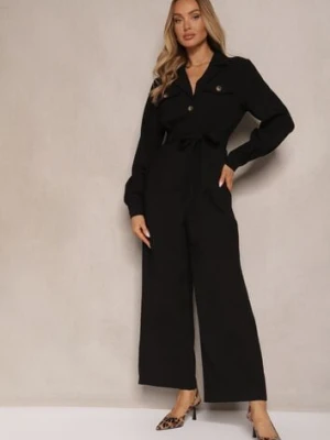 Czarny Długi Kombinezon w Stylu Utility Wiązany w Talii Daneloria unigirl