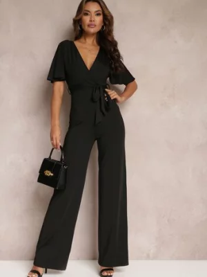 Czarny Długi Kombinezon z Wiązaniem i Głębokim Kopertowym Dekoltem Sumya by swan