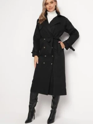 Czarny Długi Płaszcz Trencz Dwurzędowy z Paskiem w Talii Cadenite retro & icone