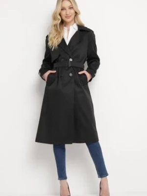 Czarny Długi Płaszcz Trencz o Klasycznym Fasonie z Paskiem Nasde melya by melody