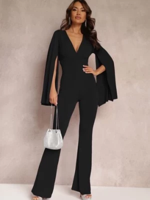 Czarny Dopasowany Kombinezon z Rozkloszowanymi Rękawami i Głębokim Dekoltem Andrika allyson