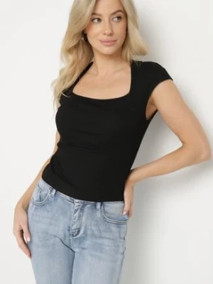 Czarny Dopasowany T-shirt z Wiskozą w Prążki z Kwadratowym Dekoltem Alannia elsa.m by may