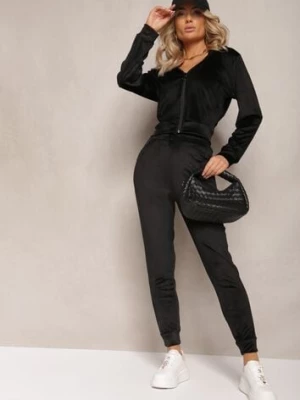 Czarny Dresowy Komplet z Weluru Spodnie i Bluza z Kapturem na Suwak Styrena
