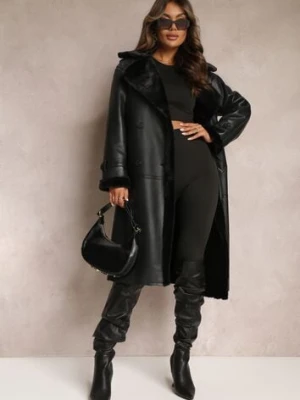 Czarny Dwurzędowy Płaszcz Oversize z Imitacji Skóry i Futerkiem Vess elsa.m by may