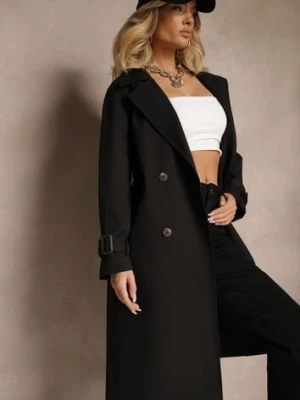 Czarny Dwurzędowy Płaszcz Trencz z Paskiem Ninnolia