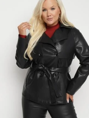 Czarny Dwurzędowy Płaszcz z Ekoskóry Ozdobiony Wiązaniem w Talii Eviseas rosse line