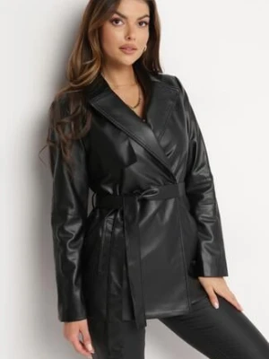 Czarny Dwurzędowy Płaszcz z Imitacji Skóry Kurtka Wiązana w Talii Lepari jusdepom