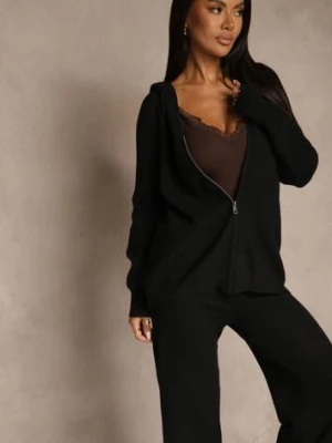 Czarny Dzianinowy Komplet Dresowy z Wełną Bluza z Kapturem i Spodnie Essana j&x