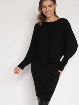 Czarny Dzianinowy Komplet Prążkowany Sukienka i Sweter o Kroju Nietoperz Wederela