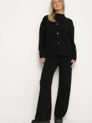 Czarny Dzianinowy Komplet z Bawełną Spodnie Kardigan i Bluzka z Golfem Ralinada j&x