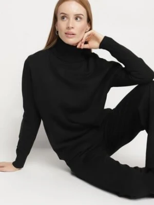 Czarny Dzianinowy Komplet z Wełną i Bawełną Spodnie i Sweter z Golfem Errele