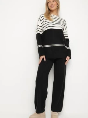 Czarny Dzianinowy Komplet z Wełną Sweter w Paski i Spodnie Raleina j&x