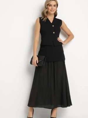 Czarny Dzianinowy Komplet z Wiskozą Kamizelka na Guziki i Rozkloszowana Spódnica Felinelle rosa