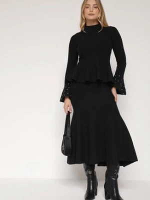 Czarny Dzianinowy Komplet z Wiskozą Spódnica i Sweter z Baskinką i Cyrkoniami Neora bisou's project