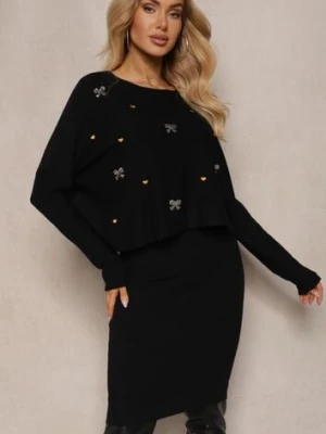 Czarny Dzianinowy Komplet z Wiskozą Sukienka o Dopasowanym Kroju i Sweter z Cyrkoniami Norathra