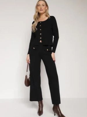 Czarny Dzianinowy Komplet z Wiskozą w Eleganckim Stylu Kardigan i Spodnie Delisana