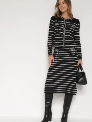 Czarny Dzianinowy Komplet z Wiskozą w Paski Kardigan i Spódnica Sepoline rosa