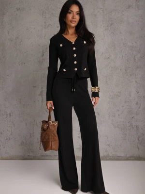 Czarny Dzianinowy Komplet z Wiskozą w Szerokie Prążki Elegancki Kardigan i Spodnie Belceta M&d Fashion
